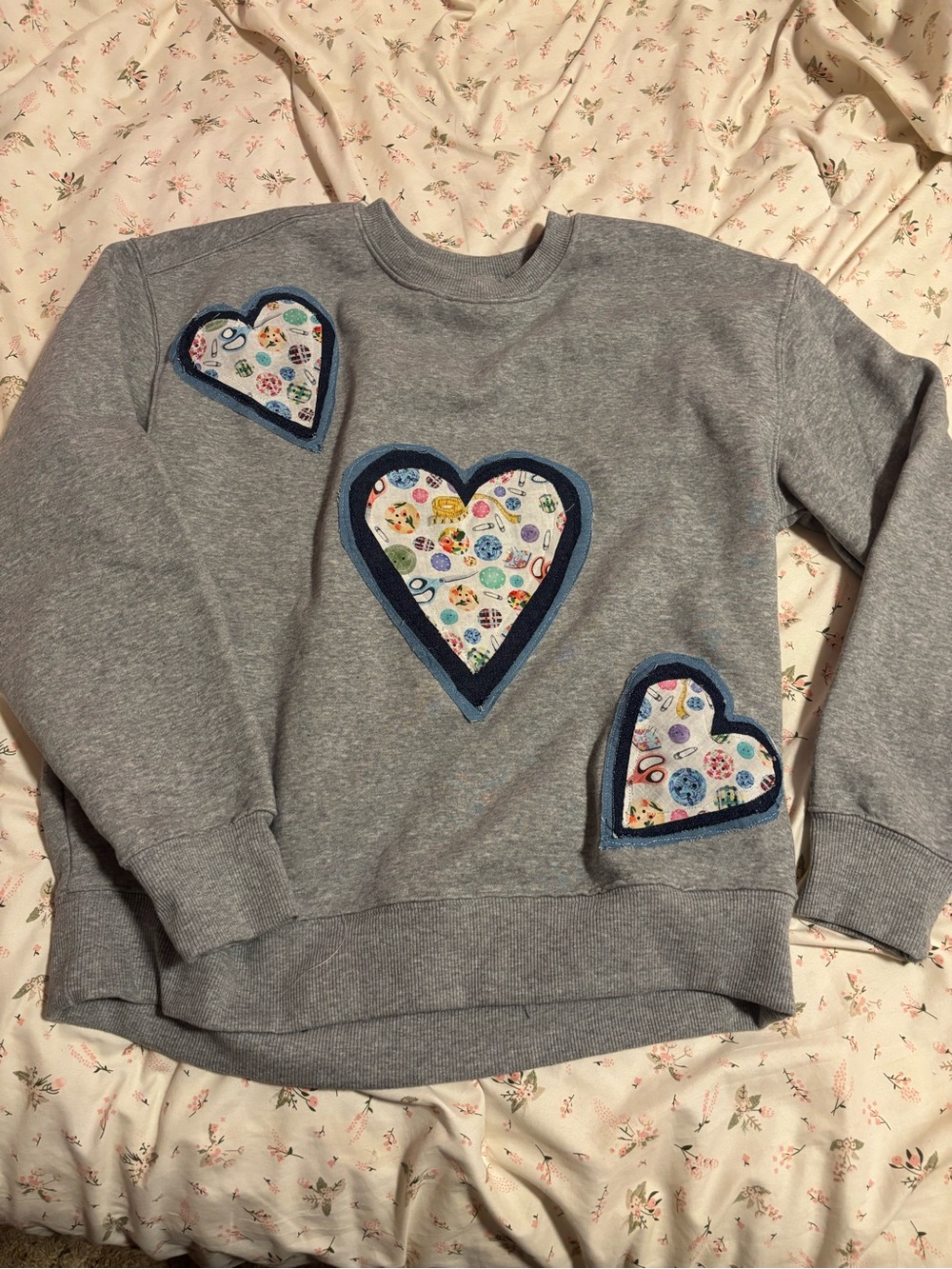 Handmade Grey Heart Patch Crewneck Sweater - Casual Women's Pullover